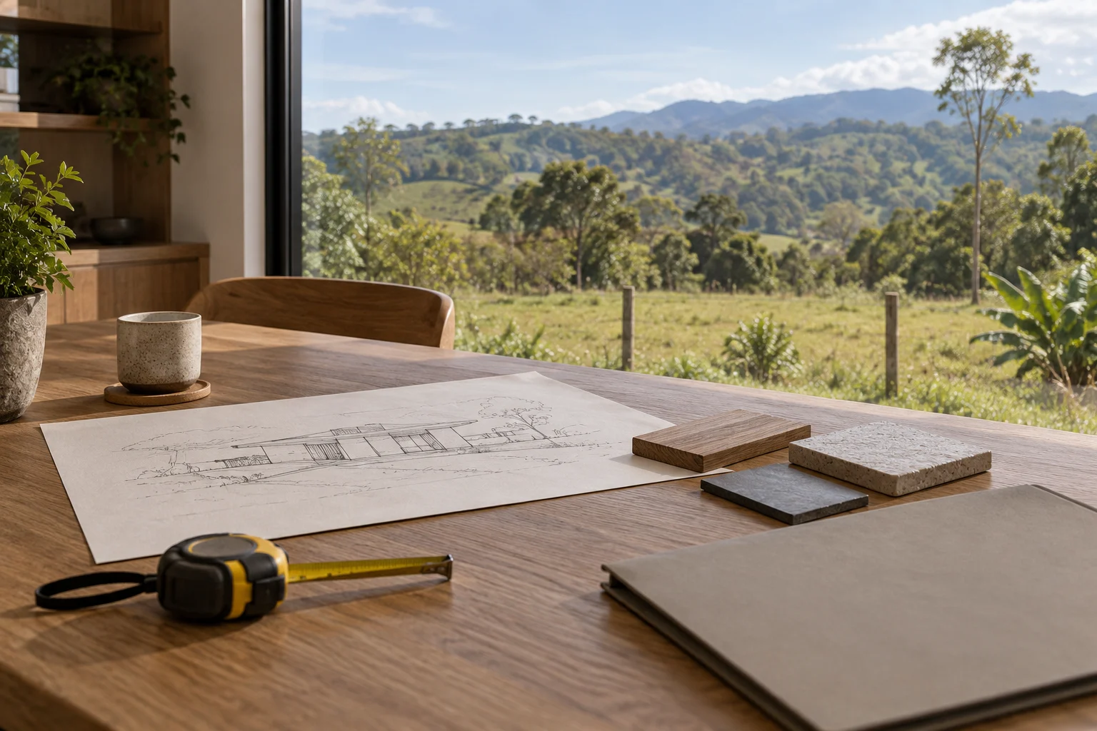 Mesa de planificación con plano, muestras de materiales y cinta de medir junto a una ventana hacia un predio rural