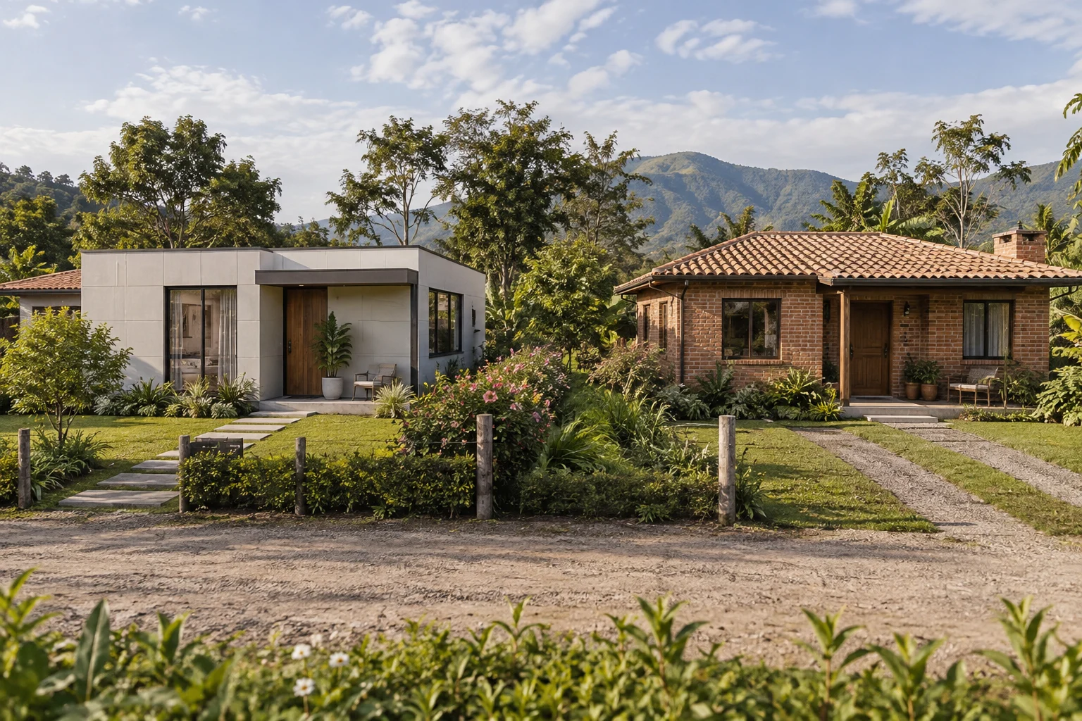 Comparación ilustrativa de una vivienda modular y una casa de ladrillo en terrenos contiguos