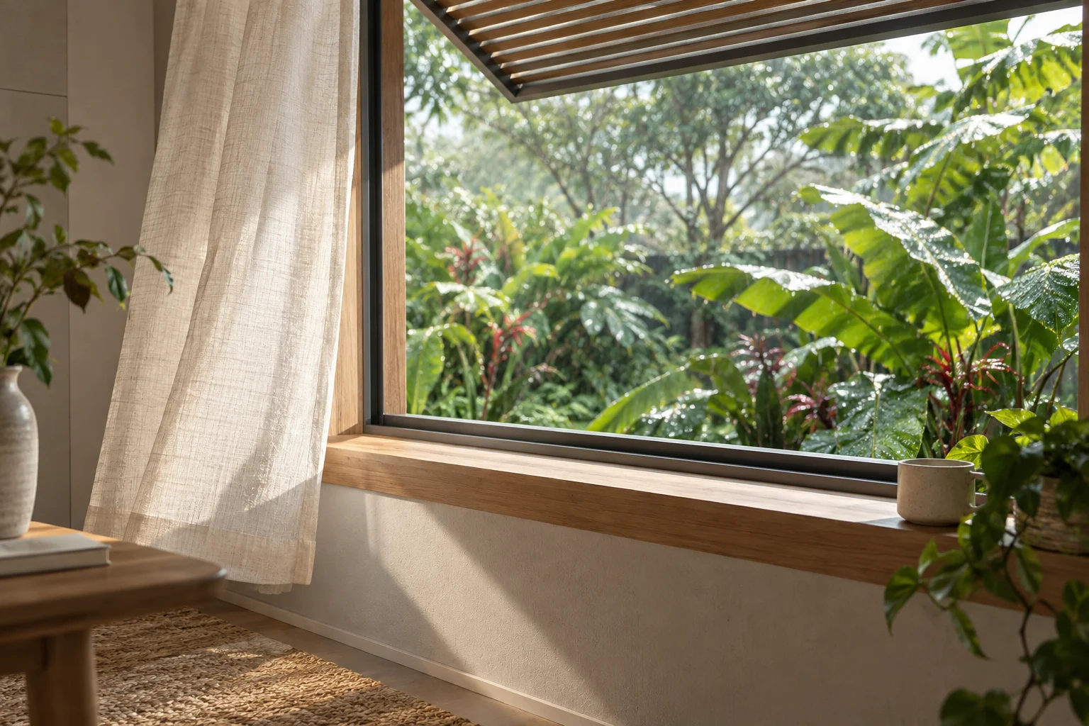 Ventana abierta con sombra exterior y cortina de lino junto a un jardín húmedo después de la lluvia