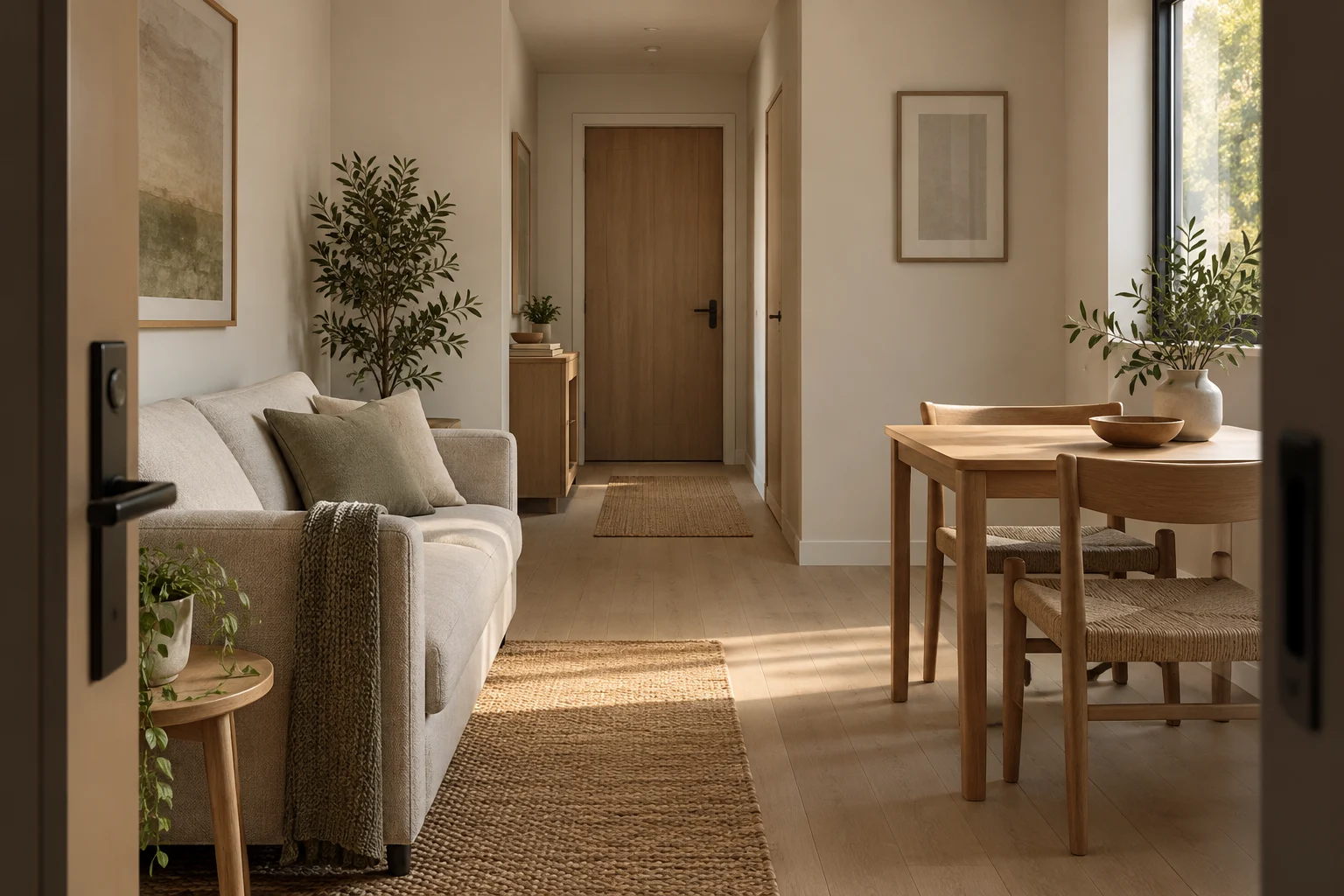 Interior residencial compacto con salón, comedor, paso central despejado y acceso independiente a un dormitorio