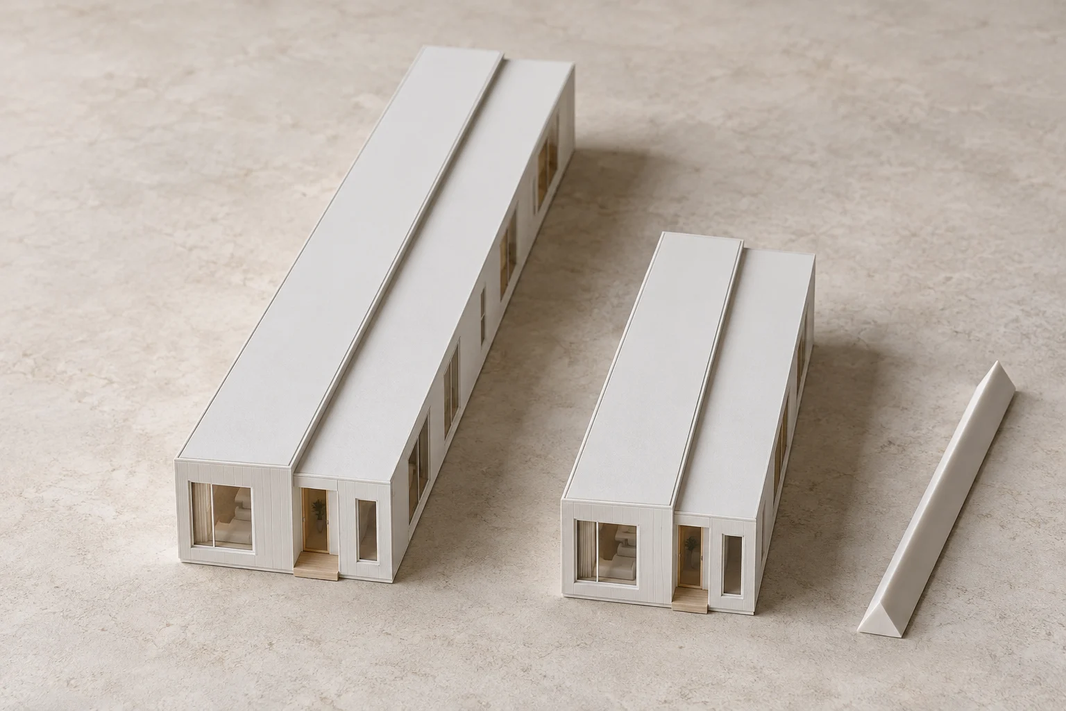 Dos maquetas de viviendas modulares de diferente tamaño junto a una regla de arquitectura