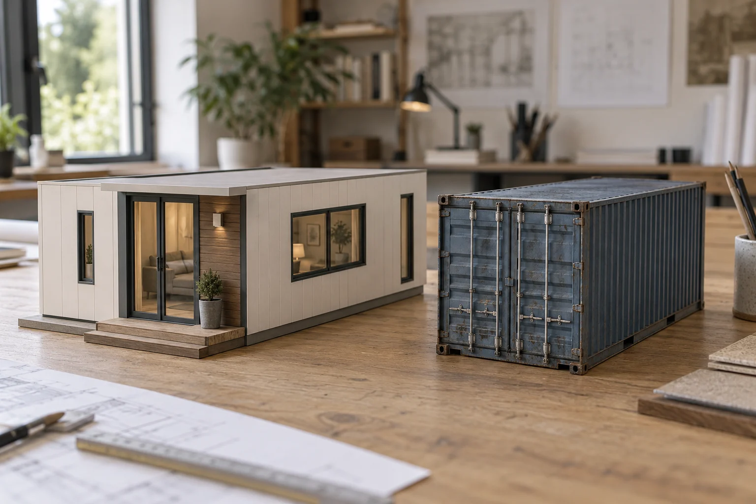 Maquetas ilustrativas de una vivienda modular terminada y un contenedor de carga sobre una mesa de estudio