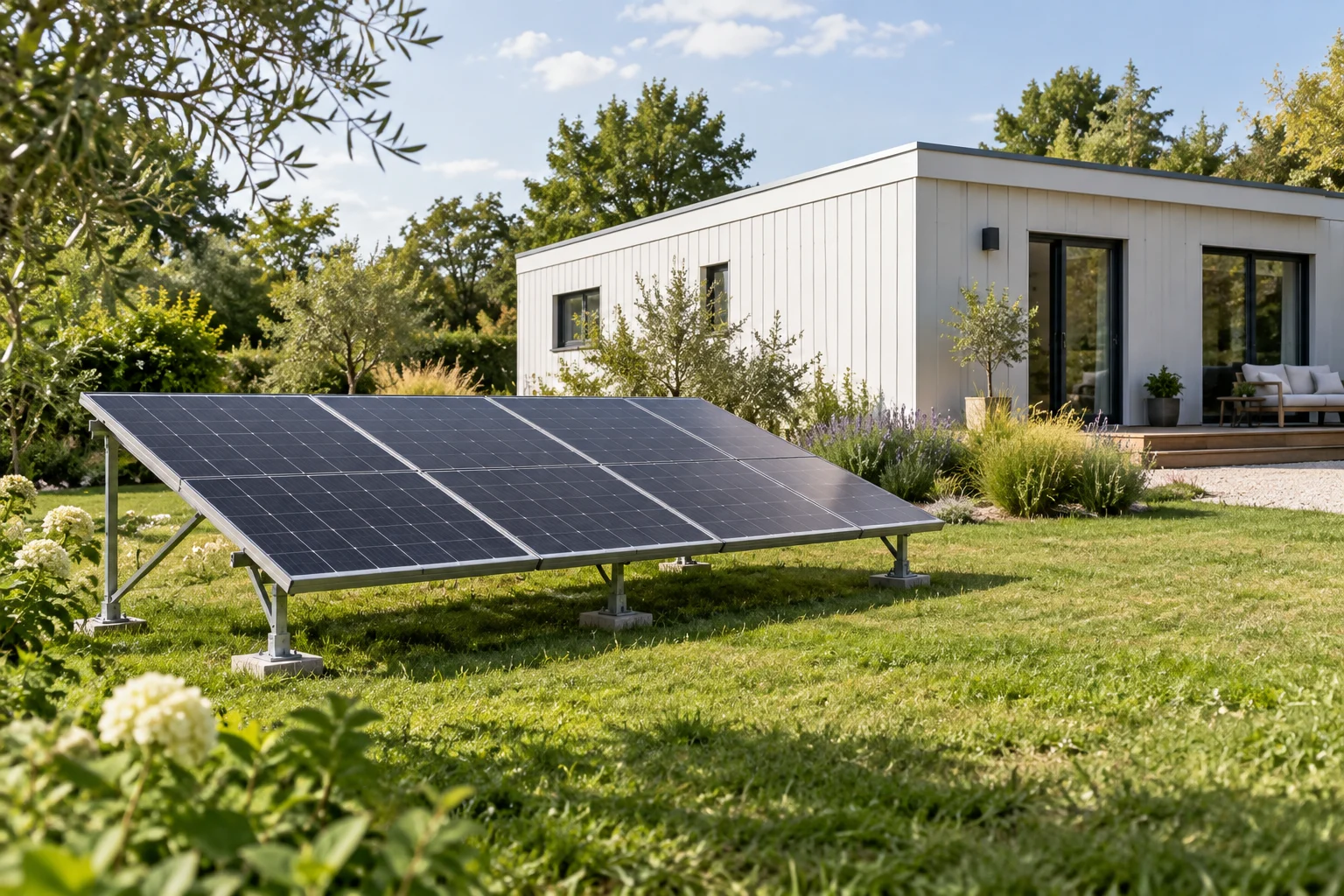 Paneles solares ilustrativos sobre un bastidor independiente en el jardín, con una vivienda modular al fondo