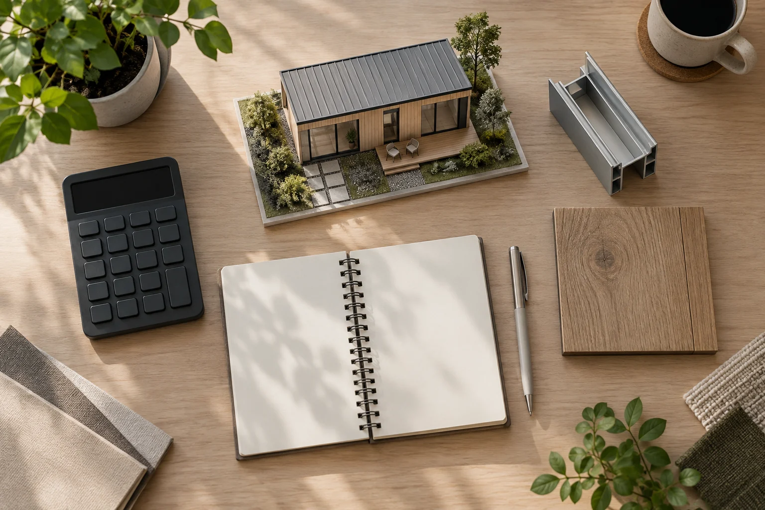 Mesa de presupuesto con calculadora, libreta, maqueta de vivienda modular y muestras de materiales