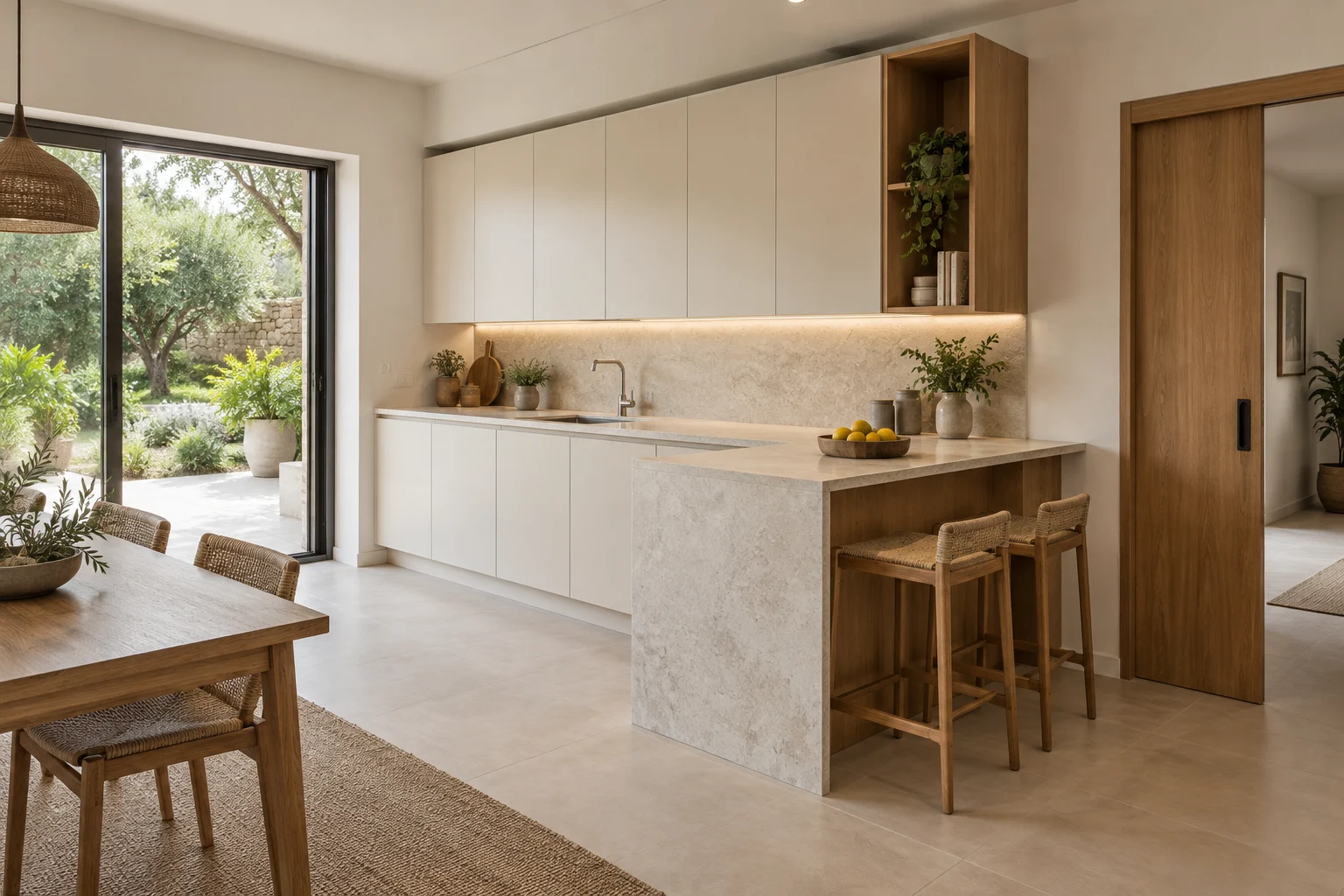 Cocina ilustrativa con península unida al mesón, taburetes y puertas corredizas con pasos despejados
