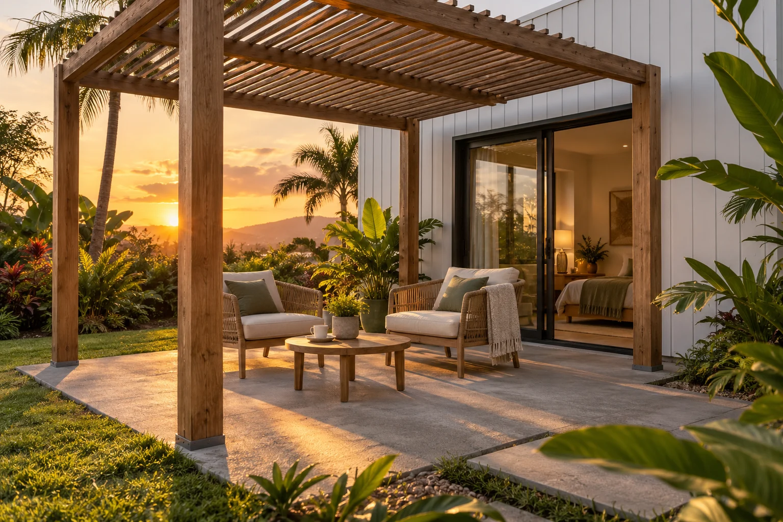 Terraza ilustrativa junto a una vivienda modular con dos sillones, mesa baja y pérgola independiente entre vegetación