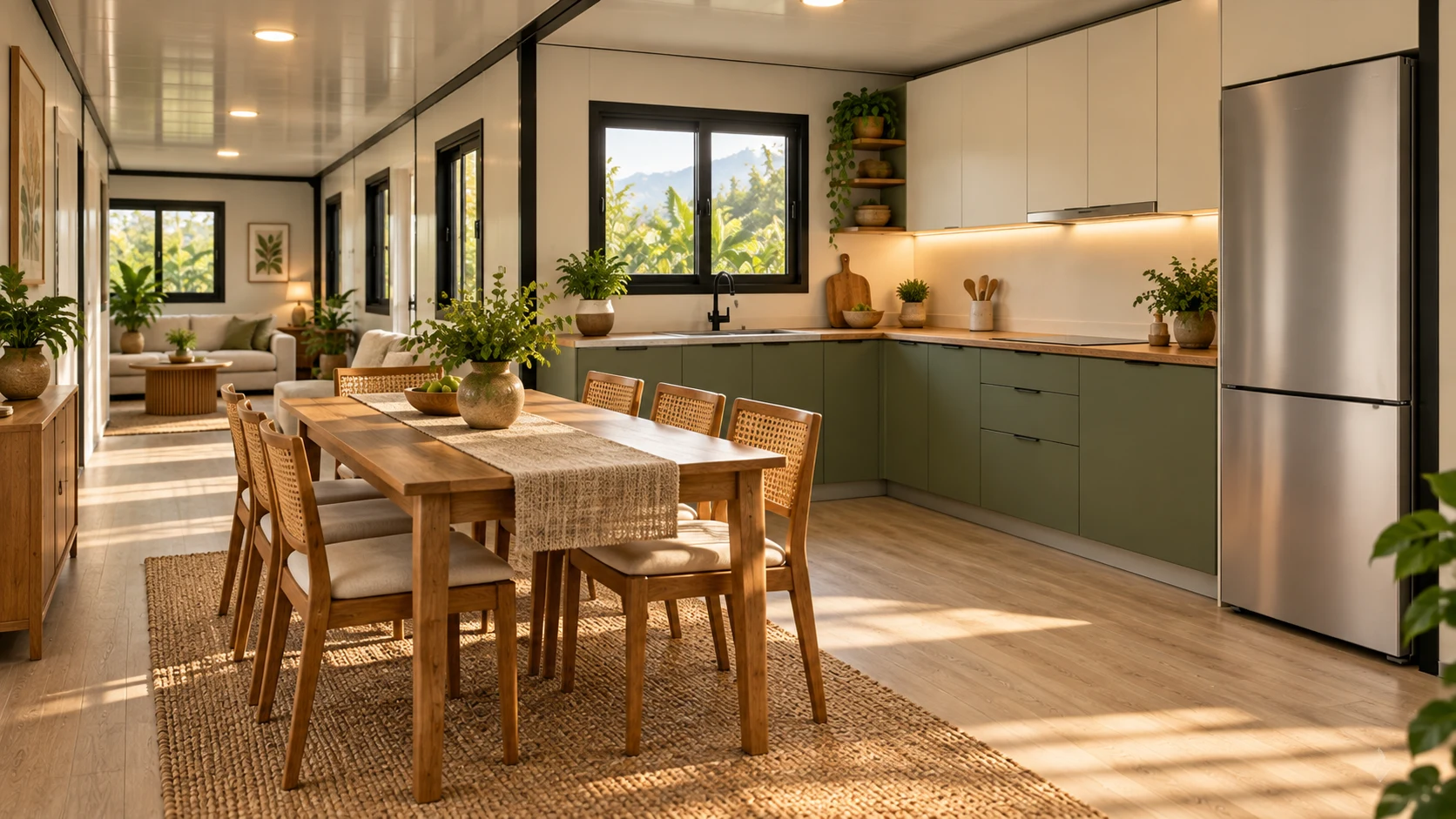 Cocina y comedor cálidos dentro de una DomuCasa 40